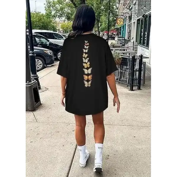 Kadın Baskılı T-Shirt Kısa Kol Bisiklet Yaka Oversize Rahat Kalıp Tişört - Siyah