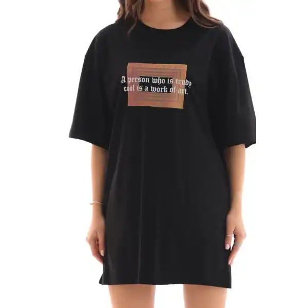 Kadın Baskılı T-Shirt Kısa Kol Bisiklet Yaka Oversize Rahat Kalıp Tişört - Siyah