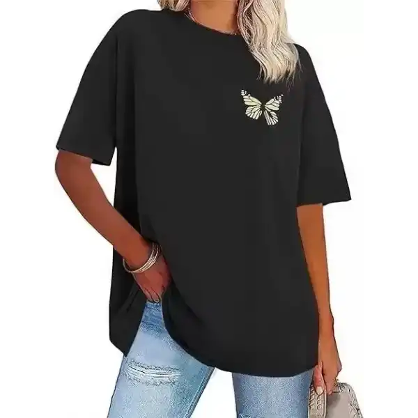Kadın Baskılı T-Shirt Kısa Kol Bisiklet Yaka Oversize Rahat Kalıp Tişört - Siyah