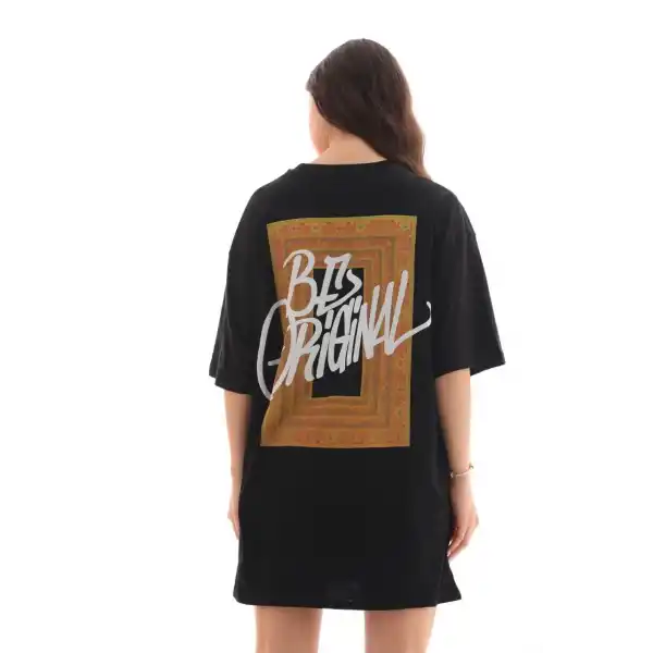 Kadın Baskılı T-Shirt Kısa Kol Bisiklet Yaka Oversize Rahat Kalıp Tişört - Siyah
