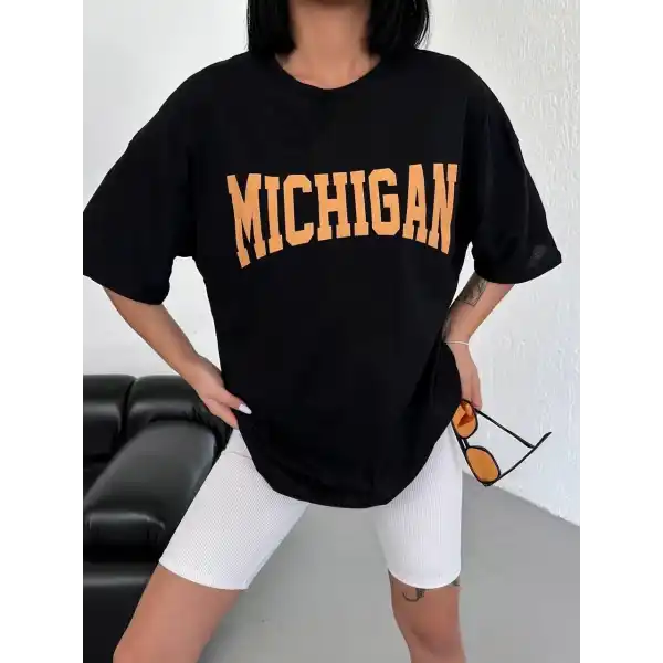 Kadın Baskılı T-Shirt Kısa Kol Bisiklet Yaka Oversize Tişört - Siyah