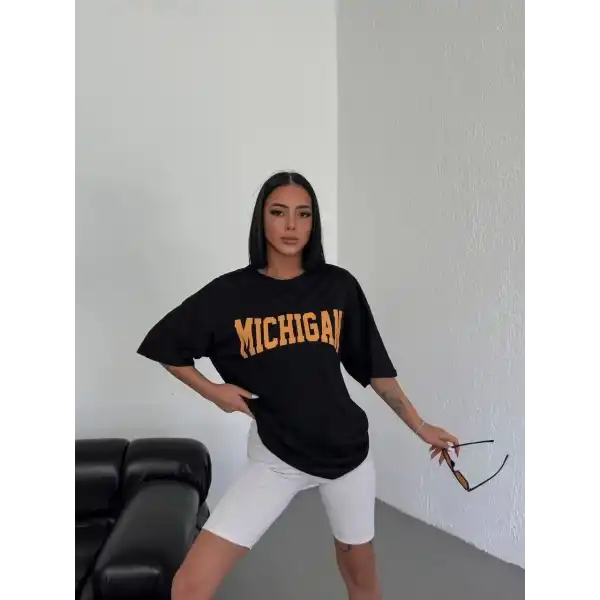 Kadın Baskılı T-Shirt Kısa Kol Bisiklet Yaka Oversize Tişört - Siyah