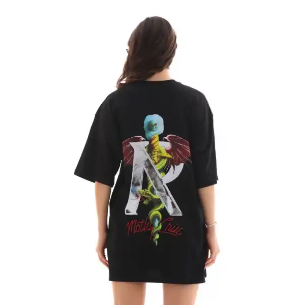 Kadın Baskılı T-Shirt Kısa Kol Bisiklet Yaka Regular Fit Rahat Kalıp Günlük Tişört -Siyah