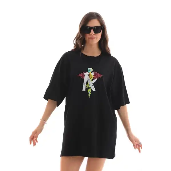 Kadın Baskılı T-Shirt Kısa Kol Bisiklet Yaka Regular Fit Rahat Kalıp Günlük Tişört -Siyah