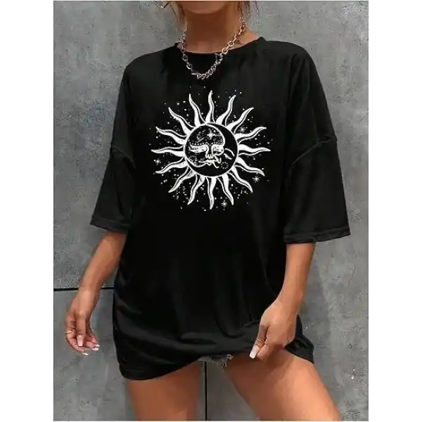 Kadın Baskılı T-Shirt Kısa Kol Bisiklet Yaka Regular Fit Rahat Kalıp Tişört - Siyah