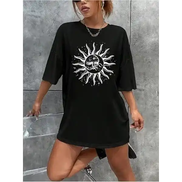 Kadın Baskılı T-Shirt Kısa Kol Bisiklet Yaka Regular Fit Rahat Kalıp Tişört - Siyah