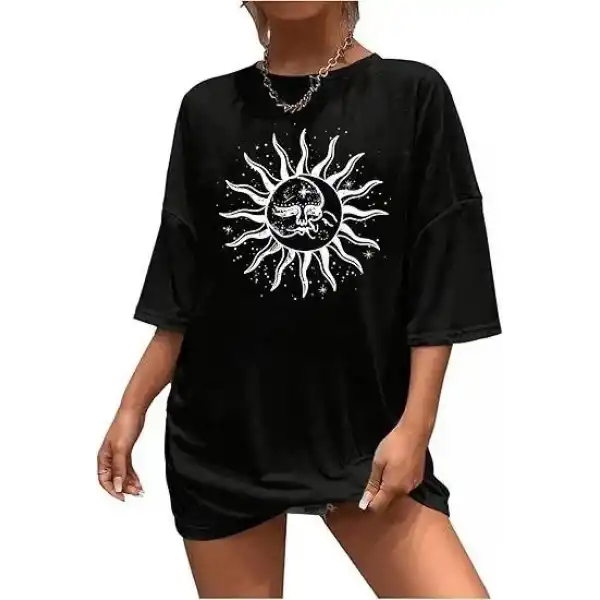Kadın Baskılı T-Shirt Kısa Kol Bisiklet Yaka Regular Fit Rahat Kalıp Tişört - Siyah