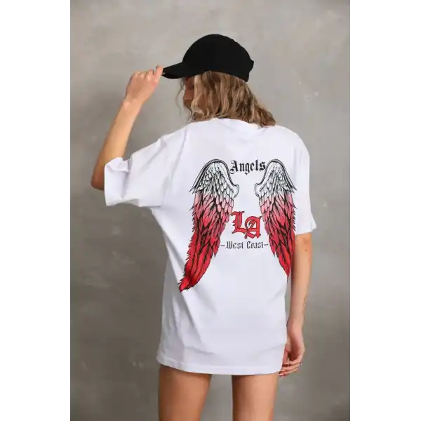 Kadın Baskılı Tişört Kısa Kol Bisiklet Yaka Oversize T-Shirt - Beyaz