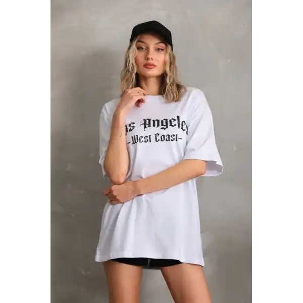 Kadın Baskılı Tişört Kısa Kol Bisiklet Yaka Oversize T-Shirt - Beyaz