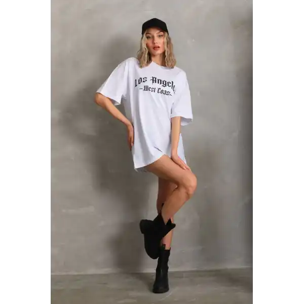 Kadın Baskılı Tişört Kısa Kol Bisiklet Yaka Oversize T-Shirt - Beyaz