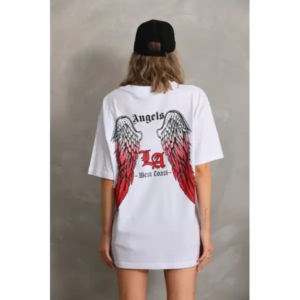 Kadın Baskılı Tişört Kısa Kol Bisiklet Yaka Oversize T-Shirt - Beyaz