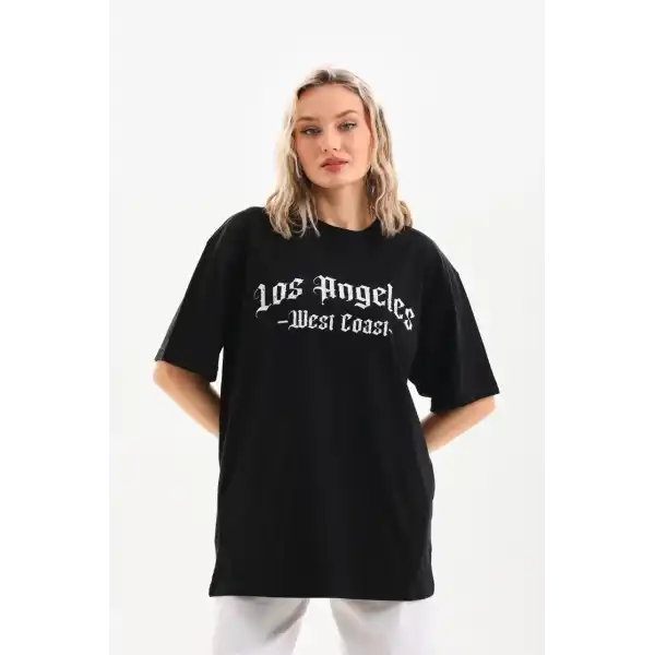 Kadın Baskılı Tişört Kısa Kol Bisiklet Yaka Oversize T-Shirt - Siyah