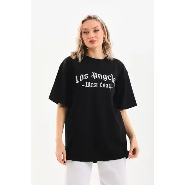 Kadın Baskılı Tişört Kısa Kol Bisiklet Yaka Oversize T-Shirt - Siyah