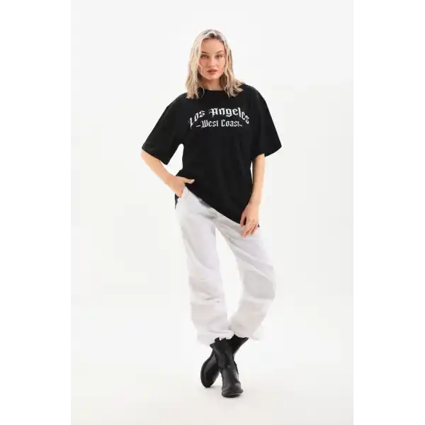 Kadın Baskılı Tişört Kısa Kol Bisiklet Yaka Oversize T-Shirt - Siyah