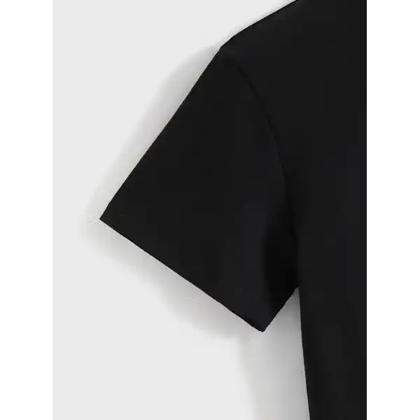 Kadın Baskılı Tişört Kısa Kol Bisiklet Yaka T-shirt - Siyah