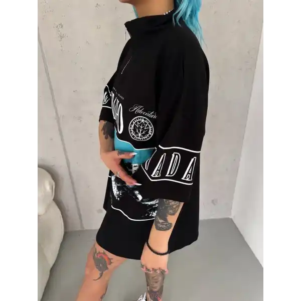 Kadın Baskılı Yarım Fermuarlı Kısa kol T-Shirt - Siyah