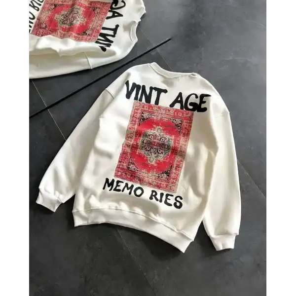 Kadın Bisiklet Yaka 3 İplik Baskılı Oversize SweatShirt - Beyaz