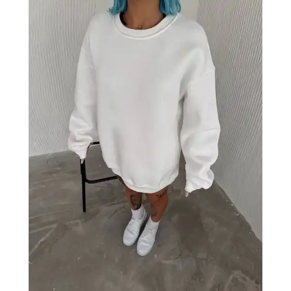 Kadın Bisiklet Yaka 3 İplik Pamuklu Basic SweatShirt - Beyaz