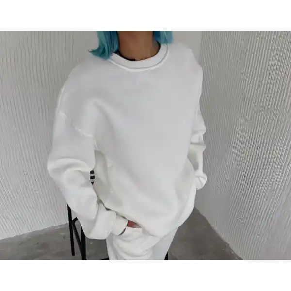 Kadın Bisiklet Yaka 3 İplik Pamuklu Basic SweatShirt - Beyaz