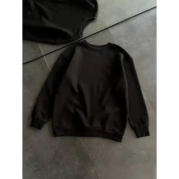 Kadın Bisiklet Yaka 3 İplik Pamuklu Basic SweatShirt - Siyah