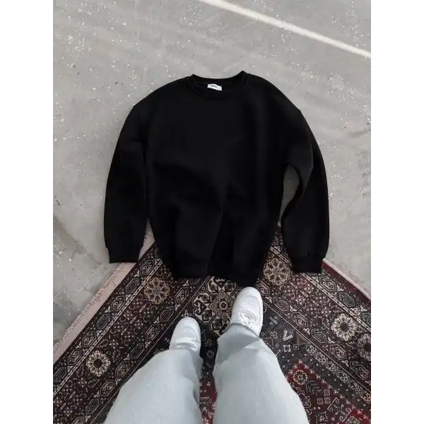 Kadın Bisiklet Yaka 3 İplik Pamuklu Basic SweatShirt - Siyah