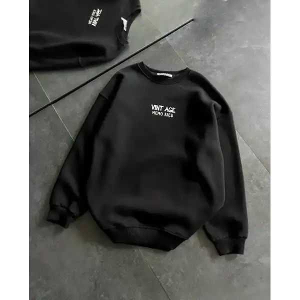 Kadın Bisiklet Yaka 3 İplik pamuklu Baskılı Oversize SweatShirt - Siyah