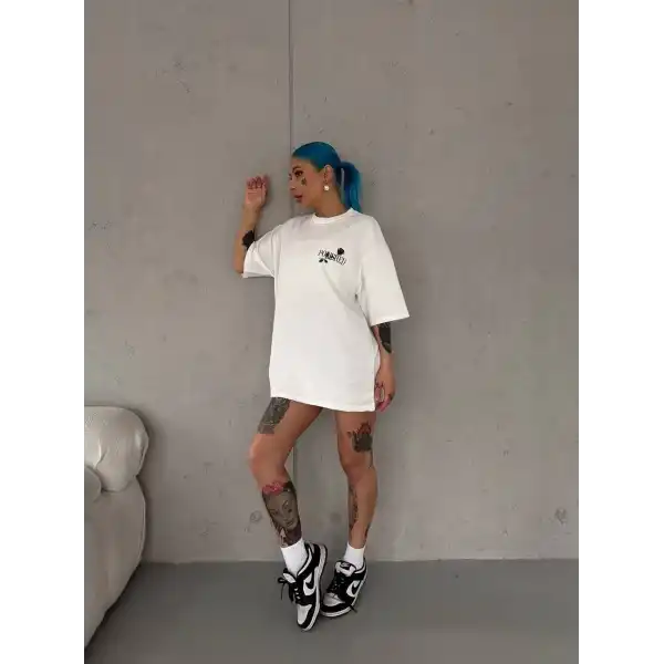 Kadın Bisiklet Yaka Baskılı Kısa kol Oversize T-Shirt - Beyaz