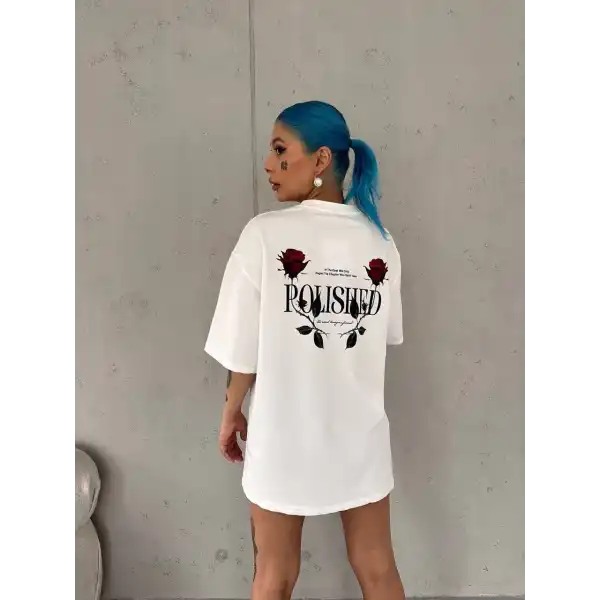 Kadın Bisiklet Yaka Baskılı Kısa kol Oversize T-Shirt - Beyaz