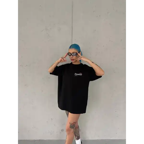 Kadın Bisiklet Yaka Baskılı kısa kol Oversize T-Shirt - Siyah