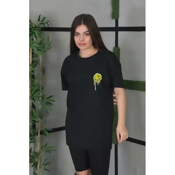 Kadın Bisiklet Yaka Baskılı  Kısa kol Oversize T-Shirt - Siyah