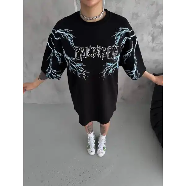 Kadın Bisiklet Yaka Baskılı  Kısa kol Oversize T-Shirt - Siyah