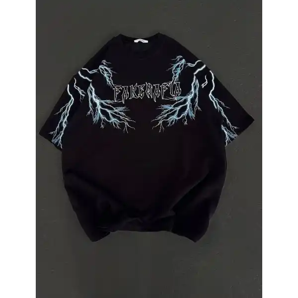 Kadın Bisiklet Yaka Baskılı  Kısa kol Oversize T-Shirt - Siyah