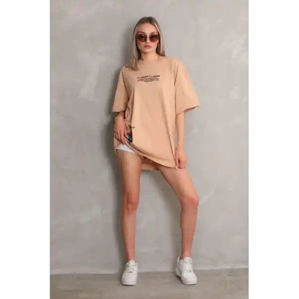kadın Bisiklet Yaka Baskılı Oversize Kısa kol T-Shirt - Bej