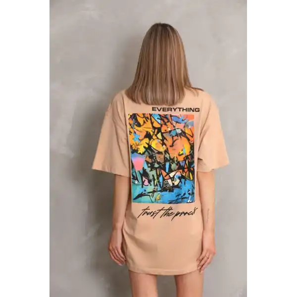kadın Bisiklet Yaka Baskılı Oversize Kısa kol T-Shirt - Bej