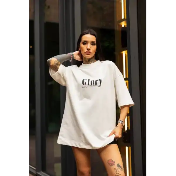 kadın Bisiklet Yaka Baskılı Oversize  Kısa kol T-Shirt - Beyaz