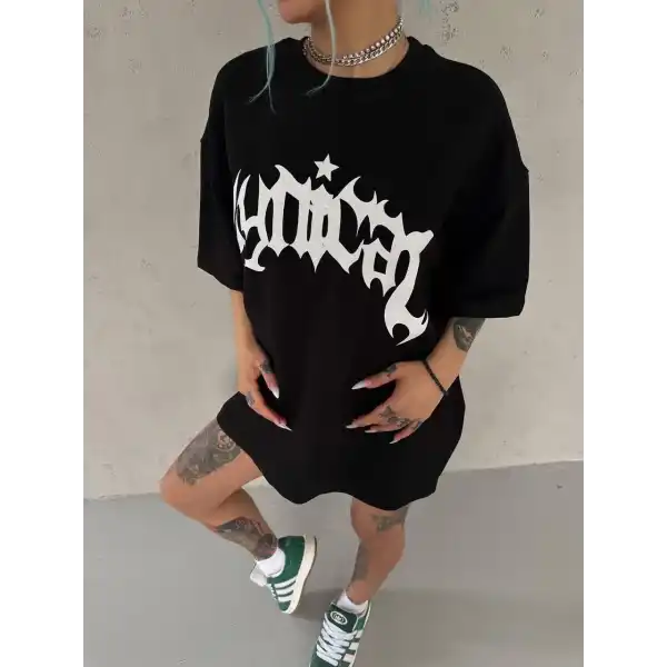 kadın Bisiklet Yaka Baskılı Oversize Kısa kol  T-Shirt - Siyah