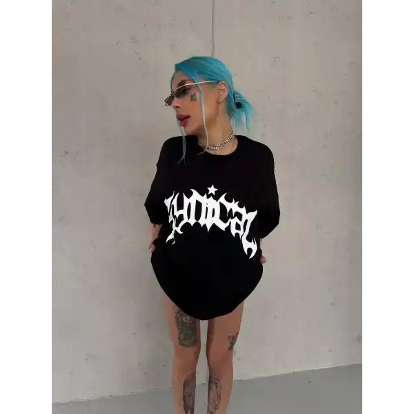 kadın Bisiklet Yaka Baskılı Oversize Kısa kol  T-Shirt - Siyah