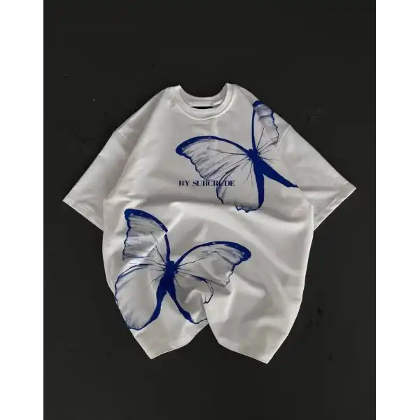 kadın  Bisiklet Yaka Baskılı Oversize T-Shirt - Beyaz