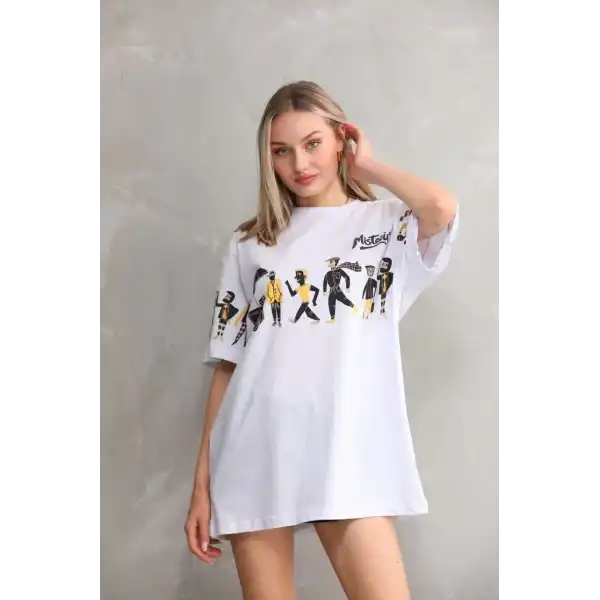 kadın Bisiklet Yaka Baskılı Oversize T-Shirt - Beyaz