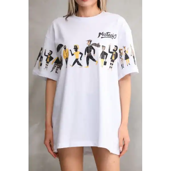 kadın Bisiklet Yaka Baskılı Oversize T-Shirt - Beyaz