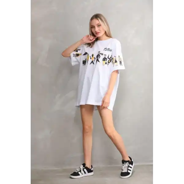 kadın Bisiklet Yaka Baskılı Oversize T-Shirt - Beyaz