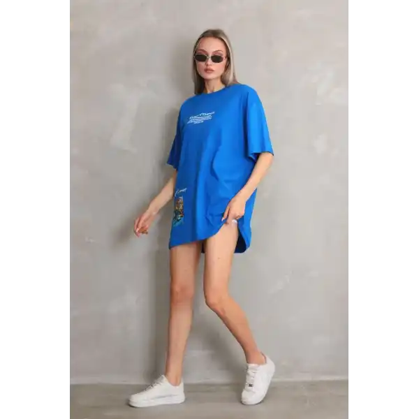 kadın Bisiklet Yaka Baskılı Oversize T-Shirt - Mavi