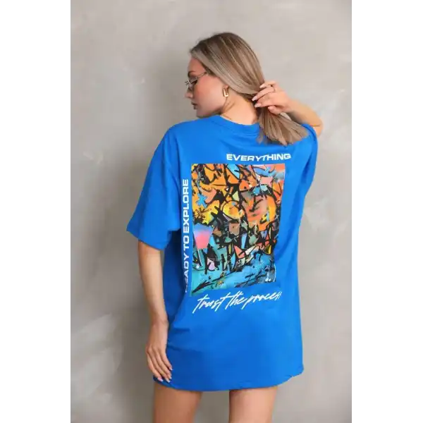 kadın Bisiklet Yaka Baskılı Oversize T-Shirt - Mavi
