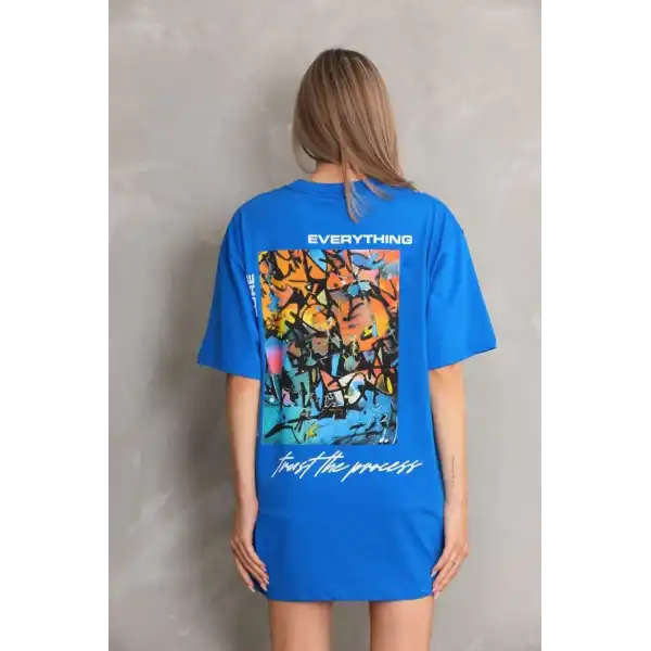kadın Bisiklet Yaka Baskılı Oversize T-Shirt - Mavi