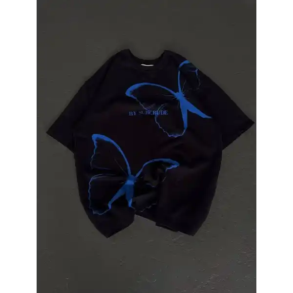 kadın Bisiklet Yaka Baskılı Oversize T-Shirt - Siyah