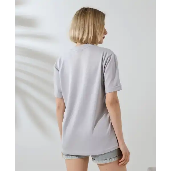 Kadın Bisiklet Yaka Baskılı Slim Fit T-Shirt - Boyalı Gri