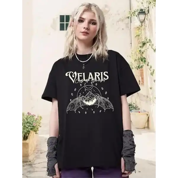 Kadın Bisiklet Yaka Baskılı T-shirt - Siyah