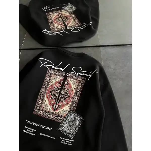 Kadın Bisiklet Yaka Kilim Halı Baskılı 3 İplik Pamuklu Sweatshirt - Siyah