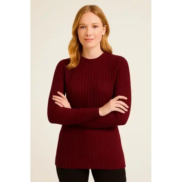 Kadın Bisiklet Yaka Triko Kazak Pamuklu Kalın Fitilli Dokuma Regular Fit - Bordo