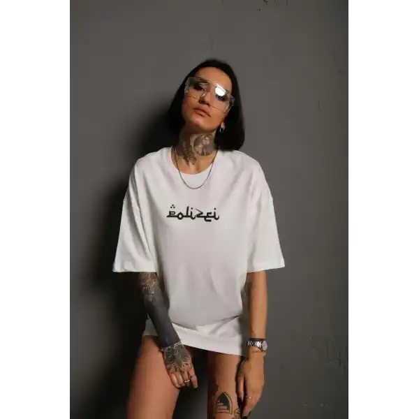 Kadın Bisiklet Yakalı Sırt Baskılı  Kısa kol Oversize T-Shirt - Beyaz